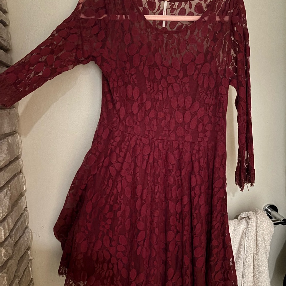 Free People Deep Red Lace Long Sleeve Dress